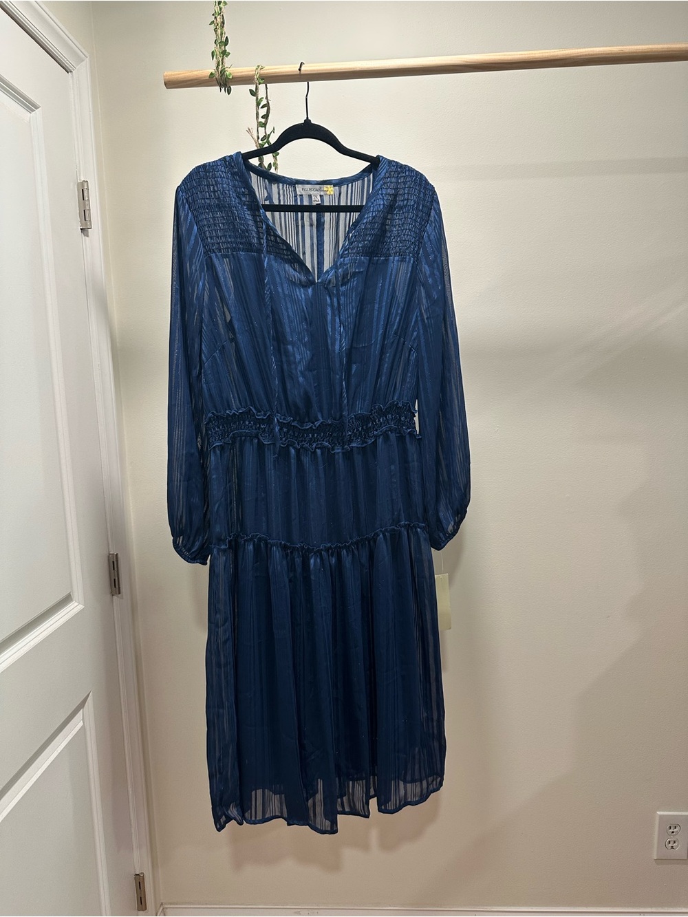 Women's Long-Sleeve Navy Midi Dress with Smocked Waist